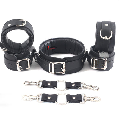 Real Cowhide Leather Wrist and Ankle Cuffs with Neck Collar Restraint Bondage Set Black 7 Piece Padded Cuffs with two connectors - Leather Bond