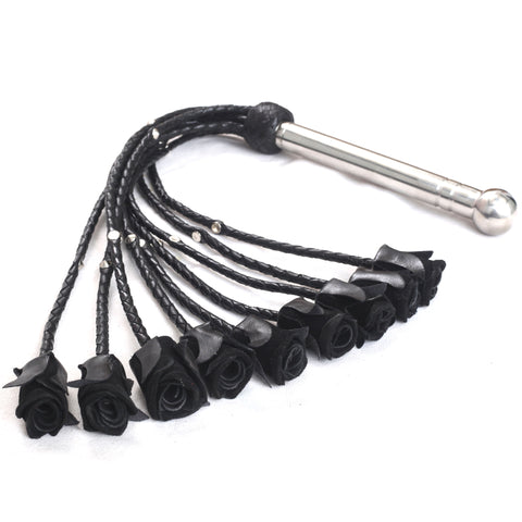Rose Flogger Real Genuine Cowhide Leather 9 Braided Falls Heavy Black Roses & Steel Studs Cat-o-nine Tails Steel Handle - Leather Bond