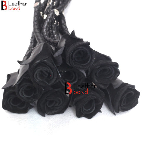 Rose Flogger Real Genuine Cowhide Leather 9 Braided Falls Heavy Black Roses & Steel Studs Cat-o-nine Tails Steel Handle - Leather Bond