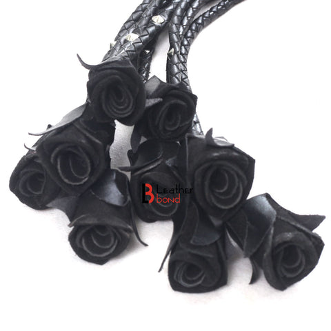 Rose Flogger Real Genuine Cowhide Leather 9 Braided Falls Heavy Black Roses & Steel Studs Cat-o-nine Tails - Leather Bond