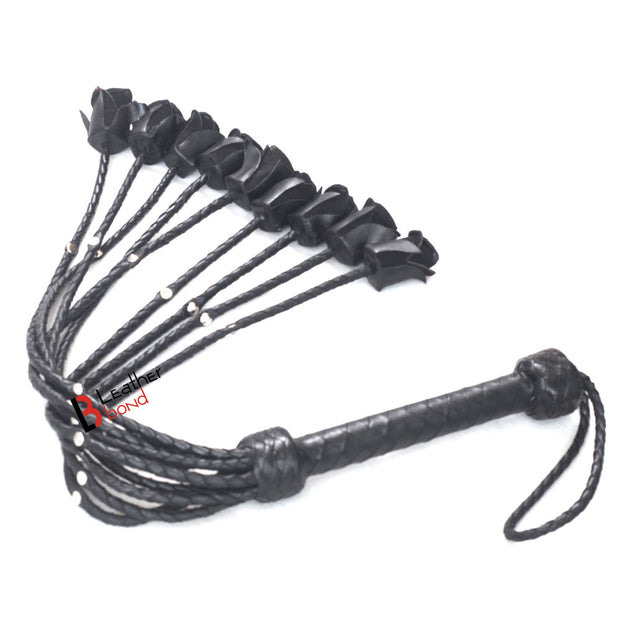 Rose Flogger Real Genuine Cowhide Leather 9 Braided Falls Heavy Black Roses & Steel Studs Cat-o-nine Tails - Leather Bond