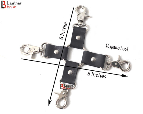 Bondage Hog Tie Connector Four way Swivel Snap Clips and Leather Straps Total 8 inches long