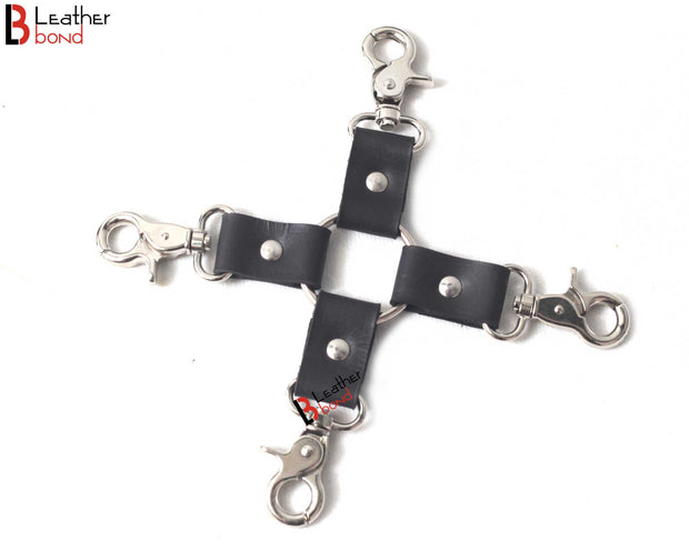 Bondage Hog Tie Connector Four way Swivel Snap Clips and Leather Straps Total 8 inches long