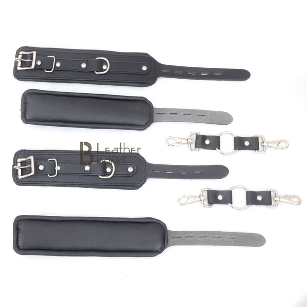 Wrist and Ankle Cuffs Cowhide Leather Restraint Set Black Heavy Duty Professional BDSM Gear Kinky Sensual Hand Cuffs - Leather Bond