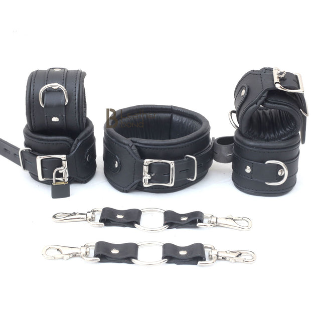 Real Cowhide Leather Wrist and Ankle Cuffs with Neck Collar Restraint Bondage Set Black 7 Piece Padded Cuffs with two connectors - Leather Bond