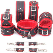 8 Piece Bondage Kit Black Red Luxury Set Soft Padded Genuine Leather Submissive Save Collar Ankle Thigh Wrist Cuffs Set - Leather Bond