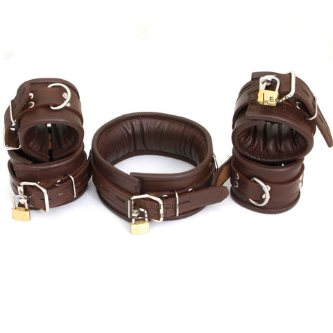 Real Cowhide Leather Wrist, Ankle Cuffs & Neck Collar Restraint Bondage Set Brown 5 Piece set Padded Cuffs Lockable - Leather Bond