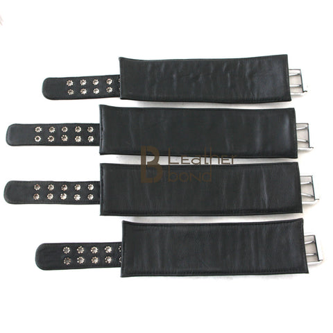 Real Top Grain Leather Wrist, Ankle Cuffs & Neck Collar Restraint Set Black 5 Pieces - Leather Bond