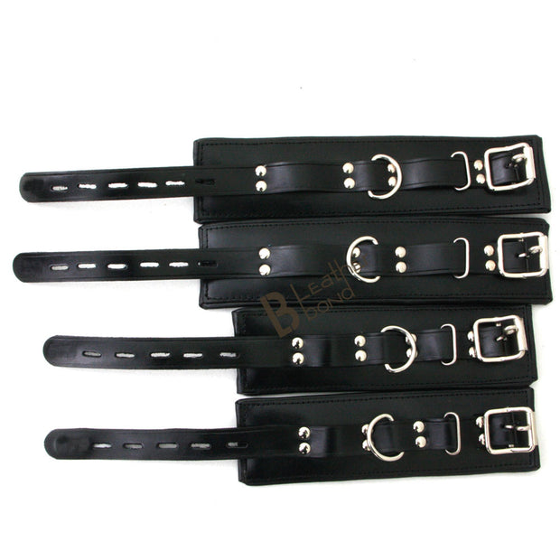 Real Cow Leather Wrist & Ankle Cuffs Set Restraint Bondage Lockable Set Black 4 Piece Padded Cuffs Hogtie included - Leather Bond