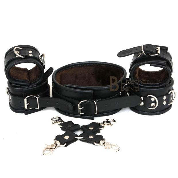 Real Cow Leather Wrist, Ankle Cuffs and Neck Collar Restraint Bondage Set with Hogtie Black 6 Piece Fur Lining - Leather Bond