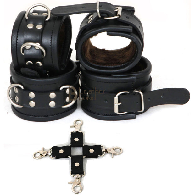 Real Cowhide Leather Wrist, Ankle Cuffs Set Restraint Bondage Set with Hogtie Black 5 Piece Fur Lining - Leather Bond