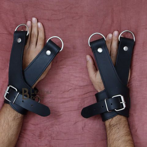 Real Strong Leather Suspension Wrist Cuffs for Restraint Set 2 Pieces Bondage Black Leather with Fur Lining - Leather Bond