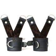 Real Strong Leather Suspension Wrist Cuffs for Restraint Set 2 Pieces Bondage Black Leather with Fur Lining - Leather Bond