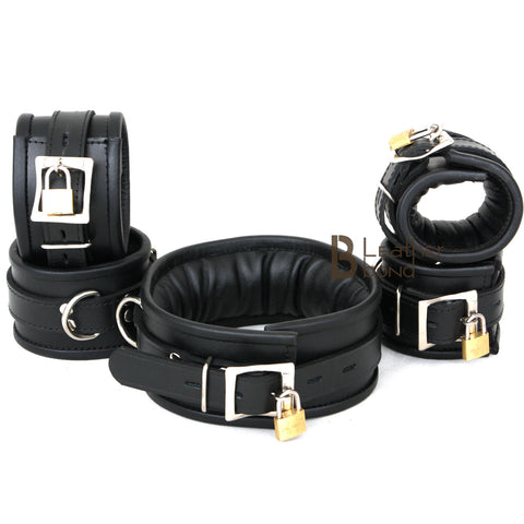 Real Cow Leather Wrist, Ankle Cuffs & Neck Collar Restraint Bondage Set Black 5 Piece set Padded Cuffs Lockable - Leather Bond
