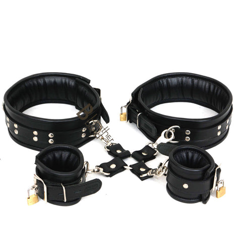 Real Cowhide Leather Wrist & Thigh Cuffs set Restraint Bondage Set Black 5 Piece set Padded Cuffs Lockable with Hogtie - Leather Bond