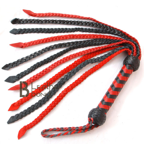 Real Genuine Cowhide Leather Flogger 12 Braided Falls Heavy Duty Red & Black Falls Whip - Leather Bond