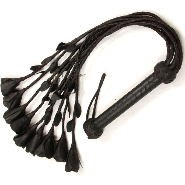 Real Genuine Cow Hide Leather Flogger 9 Braided Falls & Black Rose Heavy Duty Cat-o-nine Tails Flogger - Leather Bond
