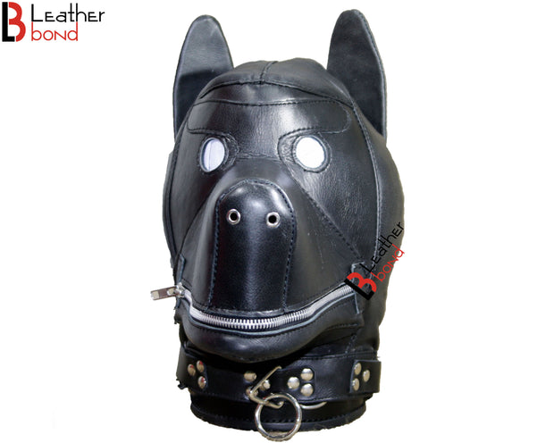 Genuine Cowhide Leather Dog Puppy Mask Hood Costume Reenactment Gear Padded & Lockable with Mouth Gag