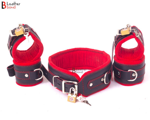 Real Cow Leather Wrist, Ankle Thigh Cuffs Collar Restraint Bondage Set Red Black 7 Piece Padded Cuffs - Leather Bond