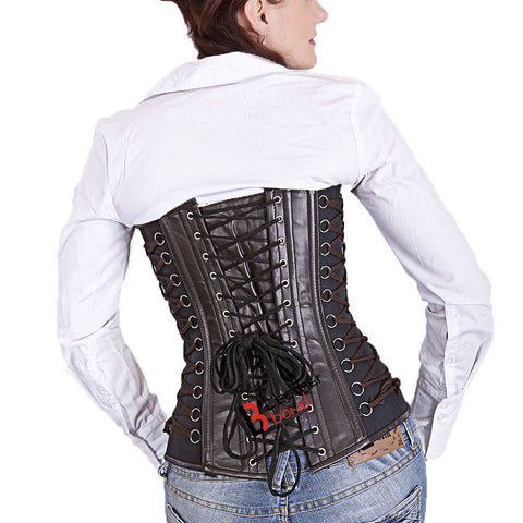 Genuine Real Sheep Leather & Stainless Steel Spiral Bones Over Bust Corset Brown Black
